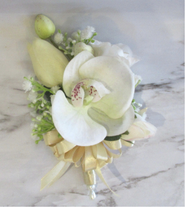 ivory orchid corsage for mother of the bride, wedding corsage